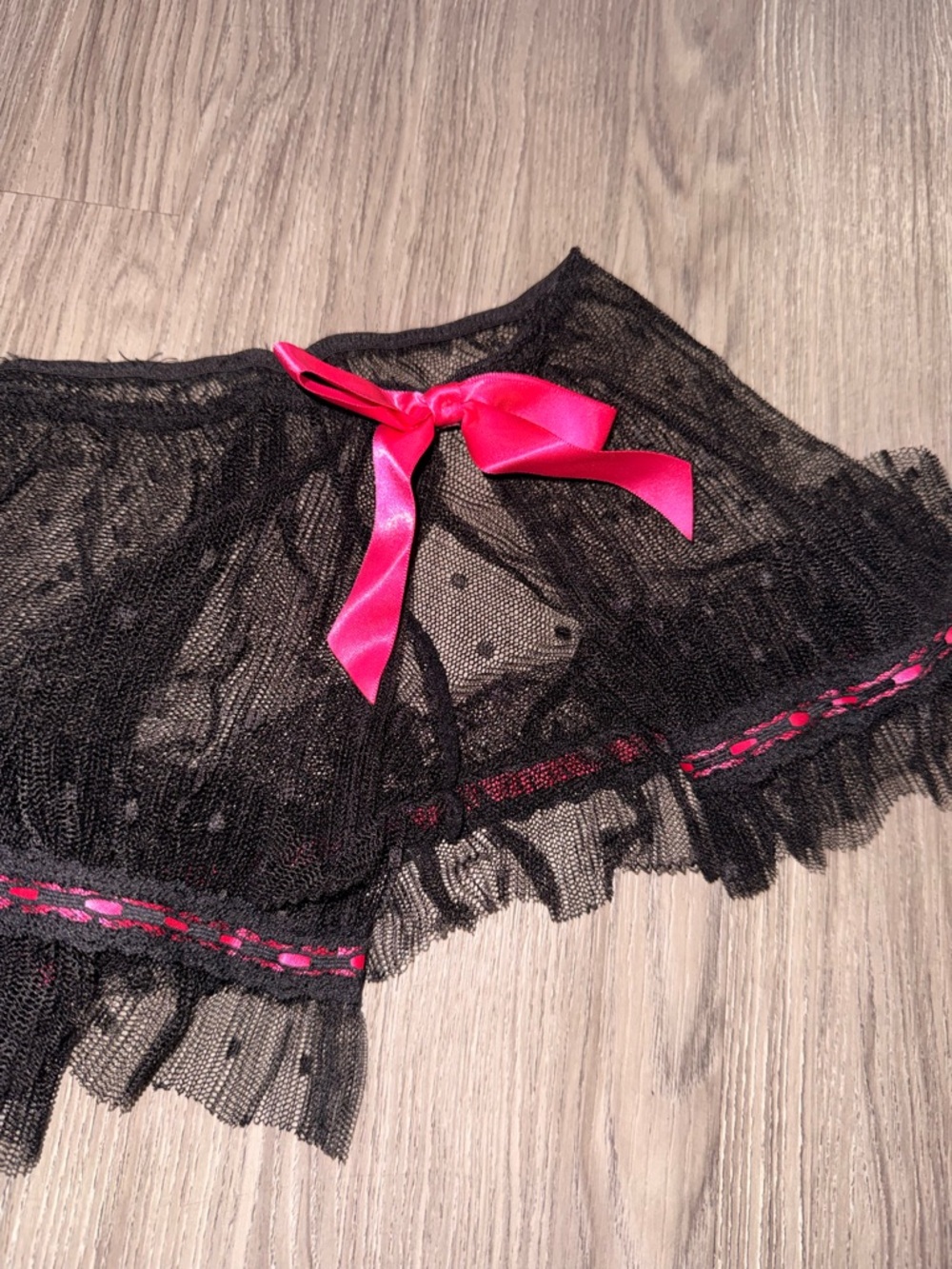 Black Lace Mini Skirt with Hot Pink Ribbon Trim - Women Intimates & Sleepwear - Picture 2 of 4